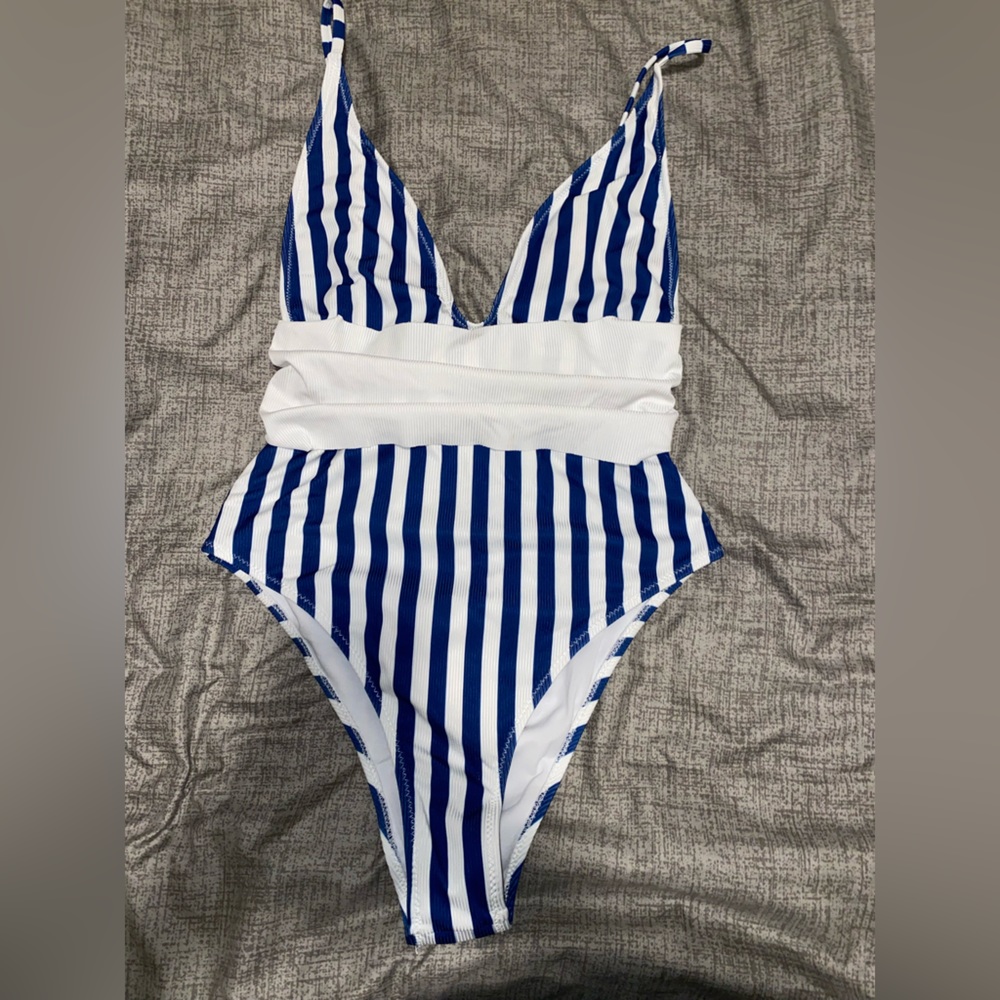 Navy and white striped one piece swimsuit
